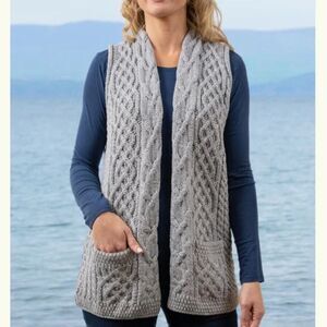 Kilronan Knitwear Cable Knit Cardigan Vest Merino Wool Made in Ireland Sz XL